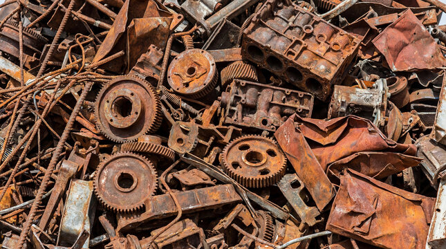 Close-up of a massive pile of rusty scrap metal with gears and engine parts, perfect for industrial and recycling themes