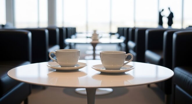 Two white coffee cups sit on a round table in a bright modern lounge with large windows and black chairs