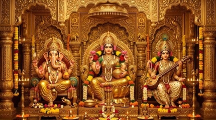 Fototapeta premium Hindu Goddesses Lakshmi, Saraswati, and Ganesha in Golden Temple