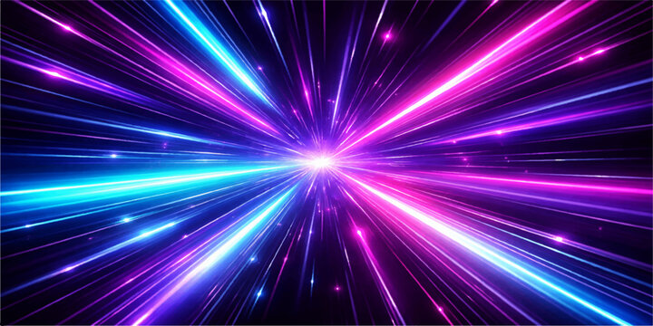 Abstract colorful light trails radiating from a central point, creating a dynamic and energetic burst of light. This visual explosion of neon hues suggests speed, technology.
