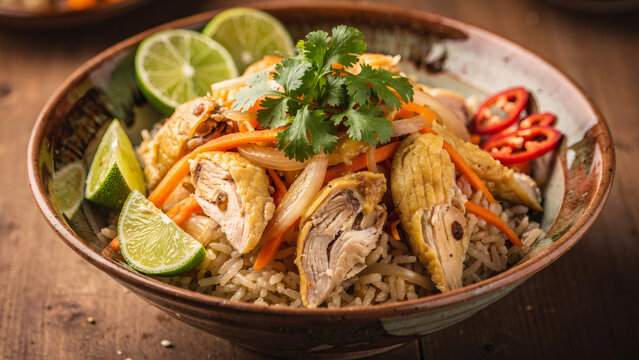 A defined Vietnamese chicken dish, beautifully plated, pho ga or com ga, vibrant ingredients, garnished with fresh herbs, lime wedges, and chili, on a traditional ceramic bowl 