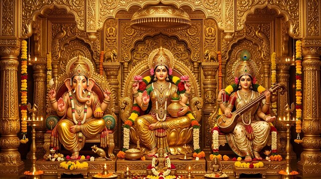 Hindu Goddesses Lakshmi, Saraswati, and Ganesha in Golden Temple