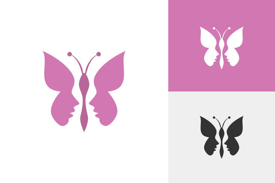 Butterfly Wings With Twin Girl Face Optical Illusion Negative Space For Cosmetic Brand And Skin Care Clinic Logo Icon Design