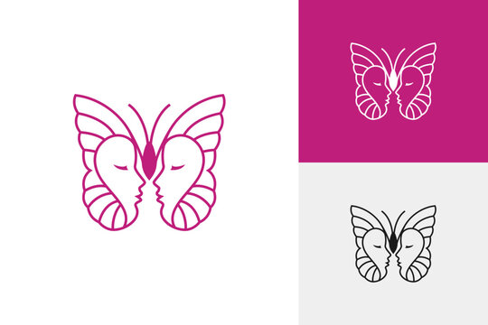 Butterfly With Twin Symmetrical Female Profile Face Outline Silhouette For Wellness Spa And Beauty Salon Logo Icon Design