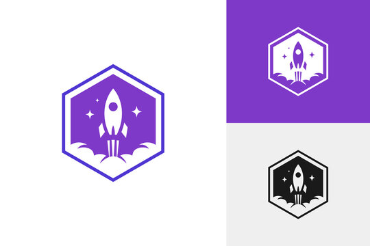 Rocket Ship Hexagon Badge Space Launch For Technology Startup Logo Icon Design