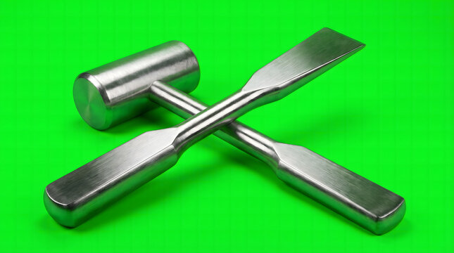 Industrial metal mallet and chisel tools intersecting on a vivid green studio background.