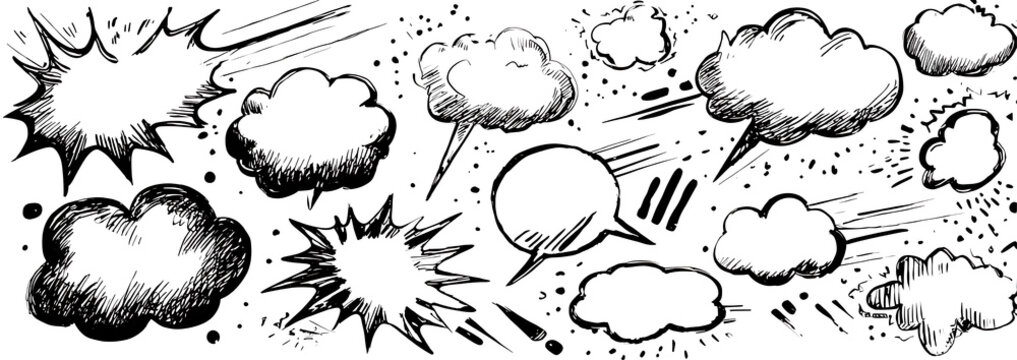 Grunge message box set with sketchy doodle speech clouds PNG
