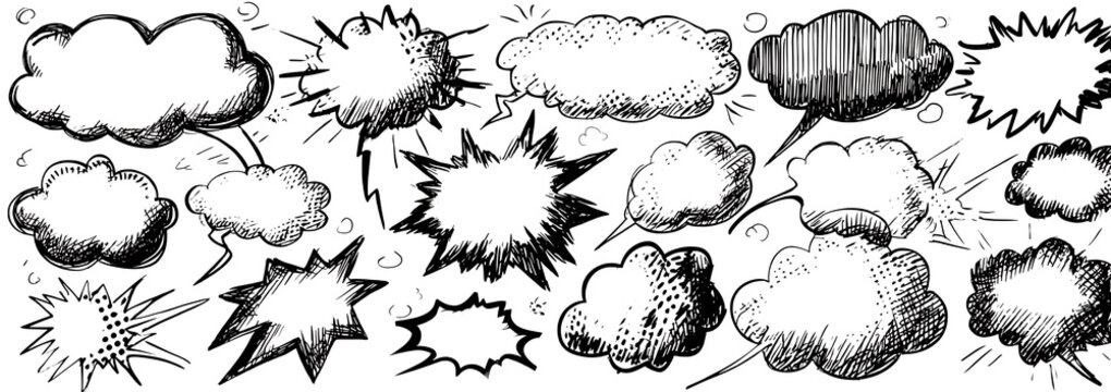 Retro doodle thought clouds with grunge chalk texture PNG