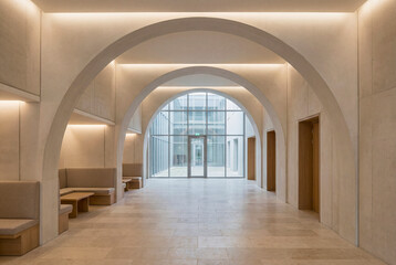 Fototapeta premium Premium public atrium interior with stairs, daylight, and spacious architectural circulation