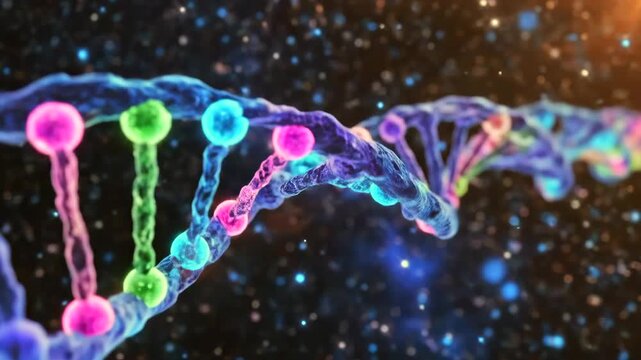 Colorful dna helix rotating against cosmic particle background, neon nucleotides linked by luminous backbone, molecular structure animation illustrating genome sequencing and mutation patterns,