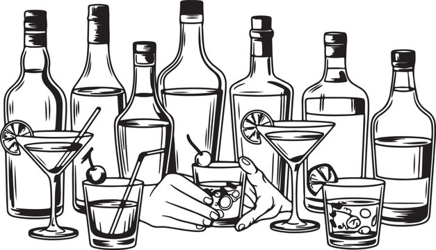 Assorted alcoholic beverage collection showing glass bottles martini stems tumblers with lime wedges cherries on gray background.