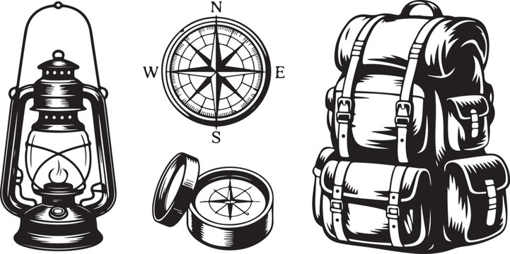 Travel adventure gear featuring vintage oil lantern brass navigation compass with magnetic needle and heavy duty travel backpack.