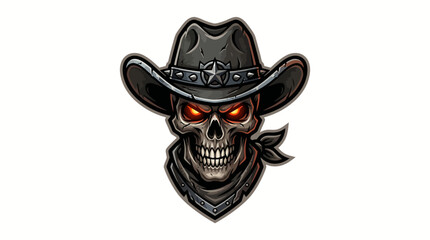 Fototapeta premium Dark Skull Wearing Cowboy Hat and Bandana with Glowing Red Eyes on Isolated White Background