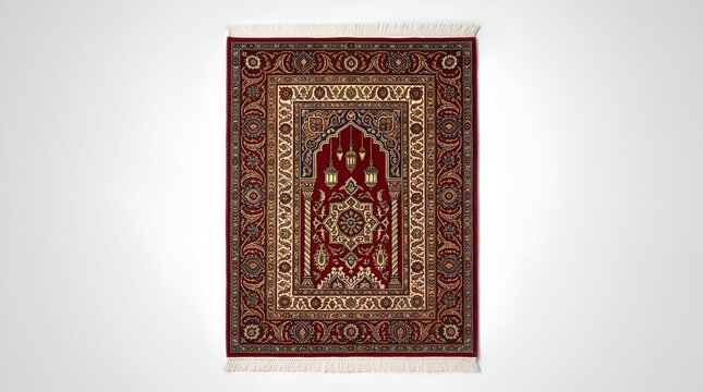 Traditional Islamic Prayer Rug with Intricate Patterns and Tassels