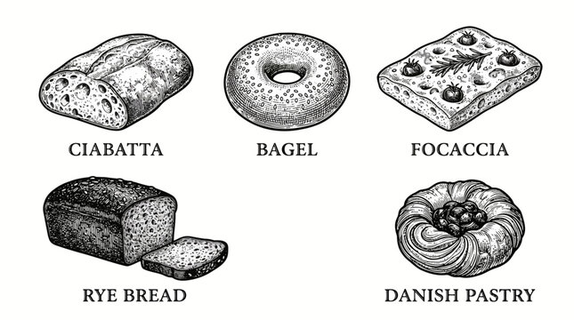 Assorted Freshly Baked Bread and Pastry Collection including Ciabatta, Bagel, Focaccia, Rye Bread, and Danish Pastry on Isolated White Background
