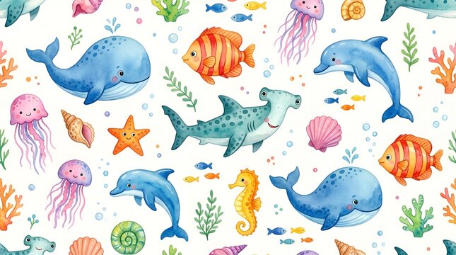 Cute Watercolor Underwater Sea Life Seamless Pattern with Whales, Dolphins, Sharks and Jellyfish