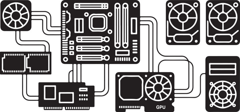 Computer hardware components diagram showing motherboard gpu cooling fan and storage drives connected by circuit paths and wires.