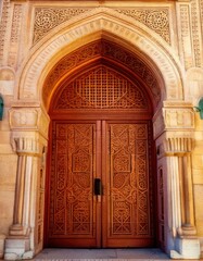Obraz premium Ornate Wooden Doors of an Ancient Mosque Entrance.