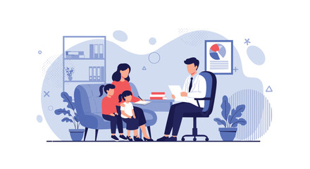 Fototapeta premium Caring mother takes her two young daughters for a medical checkup with a professional pediatrician in a clean and modern clinic office.