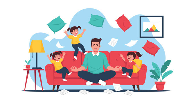 Stressed father tries to maintain his calm and meditate while his mischievous children create a chaotic mess in the living room.