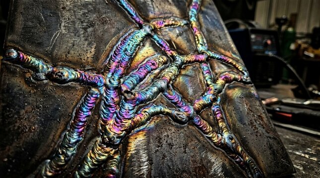 Close-up macro shot of colorful iridescent welds on metal surface, showing intricate patterns and textures in a workshop setting