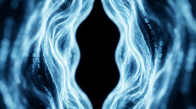 Abstract glowing blue organic forms with binary code flowing through them