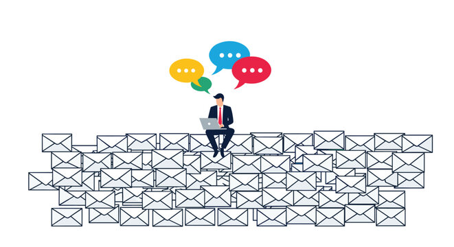 Busy businessman sits on a massive pile of unread envelopes while working on his laptop with several colorful speech bubbles above him.