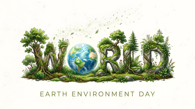 World text formed by trees and plants with earth in the center on white background, earth day