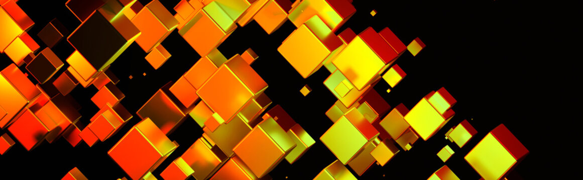 Technology banner with 3D cubes in space, abstract widescreen futuristic geometric background with orange gold glowing cubes on black, and copy space for text.