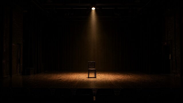 Empty theater rehearsal hall with a single spotlight on a central chair casting dramatic shadows.