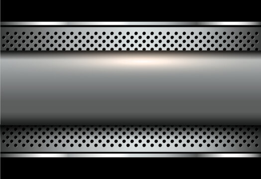 Silver black background, industrial style metal banner on dotts pattern background.