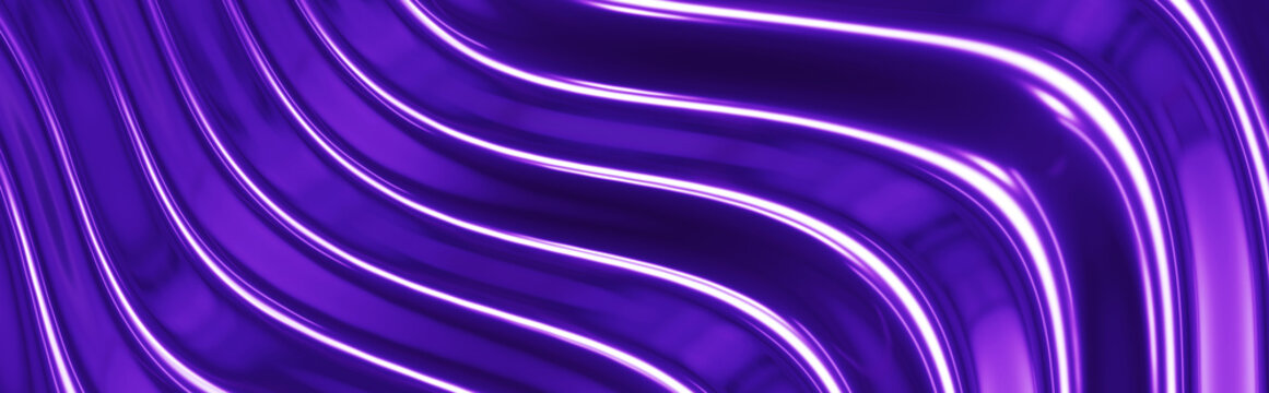 Purple striped wavy background, abstract widescreen futuristic geometric banner with dark purple lines waves.
