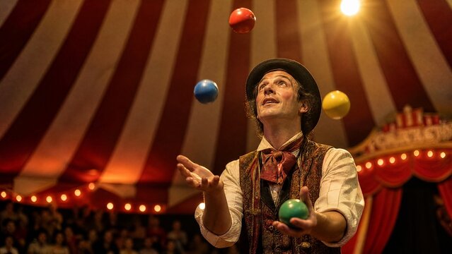 Circus tent interior with performer juggling colorful balls under warm spotlight.