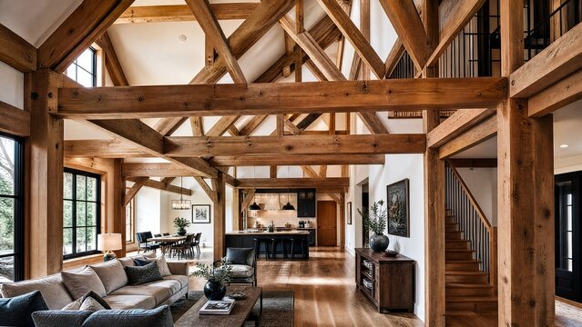 Crisscrossing exposed wooden beams forming geometric ceiling framework.