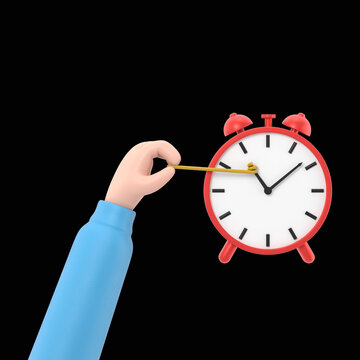 Stop time concept.Business metaphor.3D illustration flat design.Businessman in suit push back hour hand.Deadline.Time management.3D rendering on black Screen for footage and clipping path.