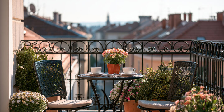 Cozy summer city balcony with wooden chairs, coffee cups and potted flowers overlooking Paris rooftops, representing urban outdoor living, relaxation and morning leisure
