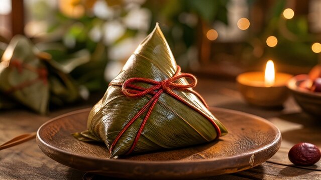 Glossy zongzi on wooden plate with red string, festive home atmosphere.