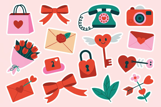 Valentine day sticker set with romantic objects like lock key letters camera and flowers for journaling and scrapbooking illustration.