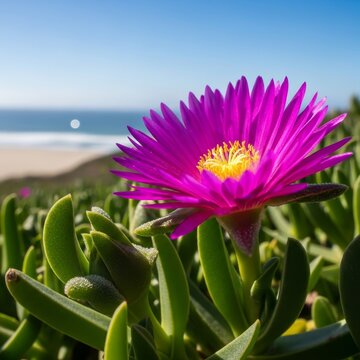 Vibrant purple Carpobrotus edulis flower in bloom near the beach.