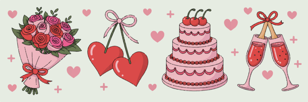 Romantic celebration elements with flower bouquet heart shaped cherries tiered cake and champagne glasses on green background illustration.