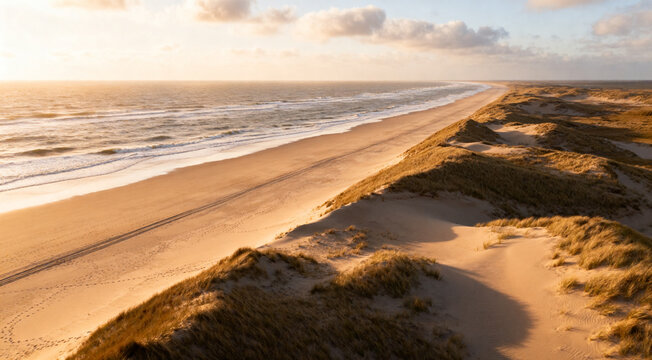 Bird's eye view of sandy beach and dunes on Texel Netherlands