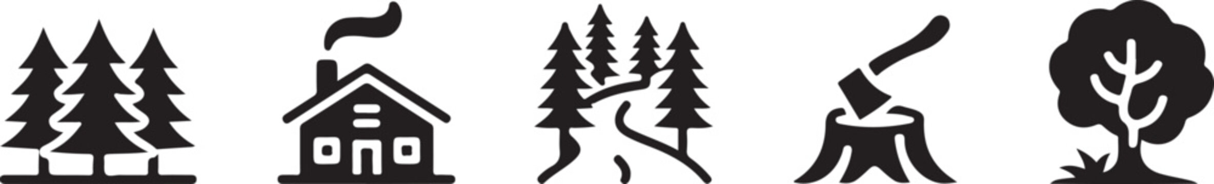 Set of black forest and nature icons including pine trees mountain cabin wooden house axe stump and oak tree on checkered backdrop.
