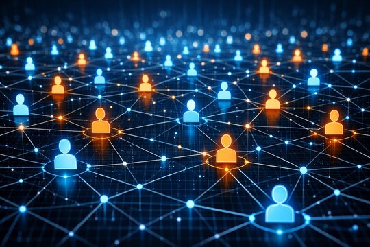 Digital human icons connected in futuristic data cloud concept network. Ai generative