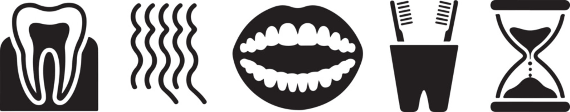 Dental care hygiene icons featuring molar structure floss string human mouth with teeth toothbrushes in cup and sand timer tools.