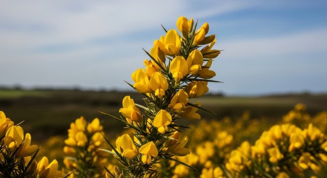 Vibrant Yellow Gorse Flowers Blooming in a Field on a Sunny Day.