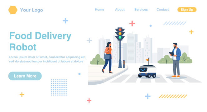 People use an autonomous food delivery robot for efficient package drop-off with a smartphone. Cute robot drives through streets of the city and avoids obstacles. Autonomous courier carrying a parcel