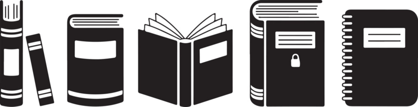 Library book icons including stack of books standing volumes opened book locked volume and spiral bound notebook reference.