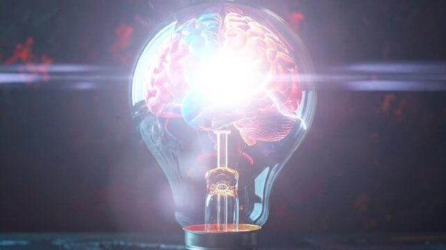 A colorful brain inside a lightbulb, representing ideas and creativity