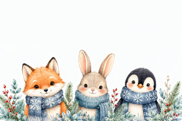Obraz premium Cute Winter Woodland Animals with Scarves Christmas Illustration