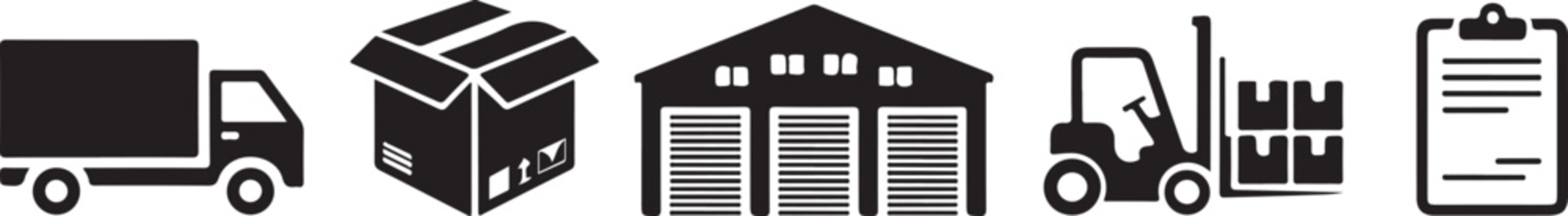 Logistics and delivery icons featuring truck open box warehouse forklift and clipboard with documents.